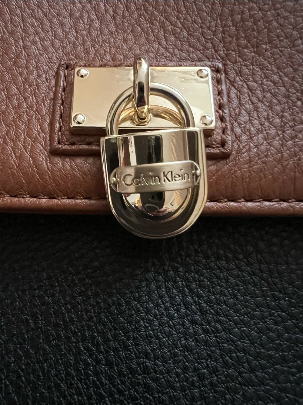 Calvin Klein Two-Tone Black and Brown Leather Crossbody with Gold Lock